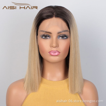 Aisi Hair Wholesale Short Ombre Blonde Dark Root Bob Wig Swiss Lace Wig Cheap Synthetic Lace Front Wigs For Black White Women